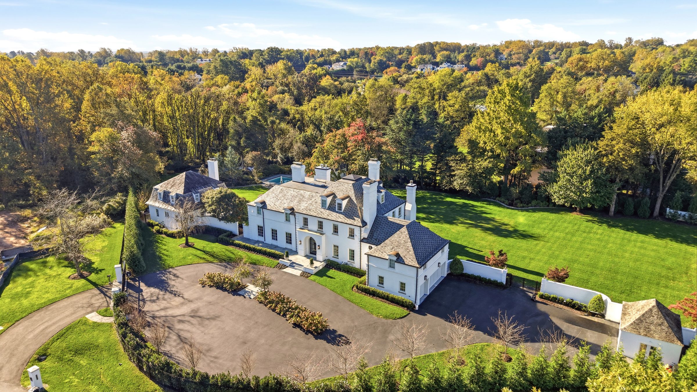 Aerial view of the estate with Rose Cottage beyond the main house