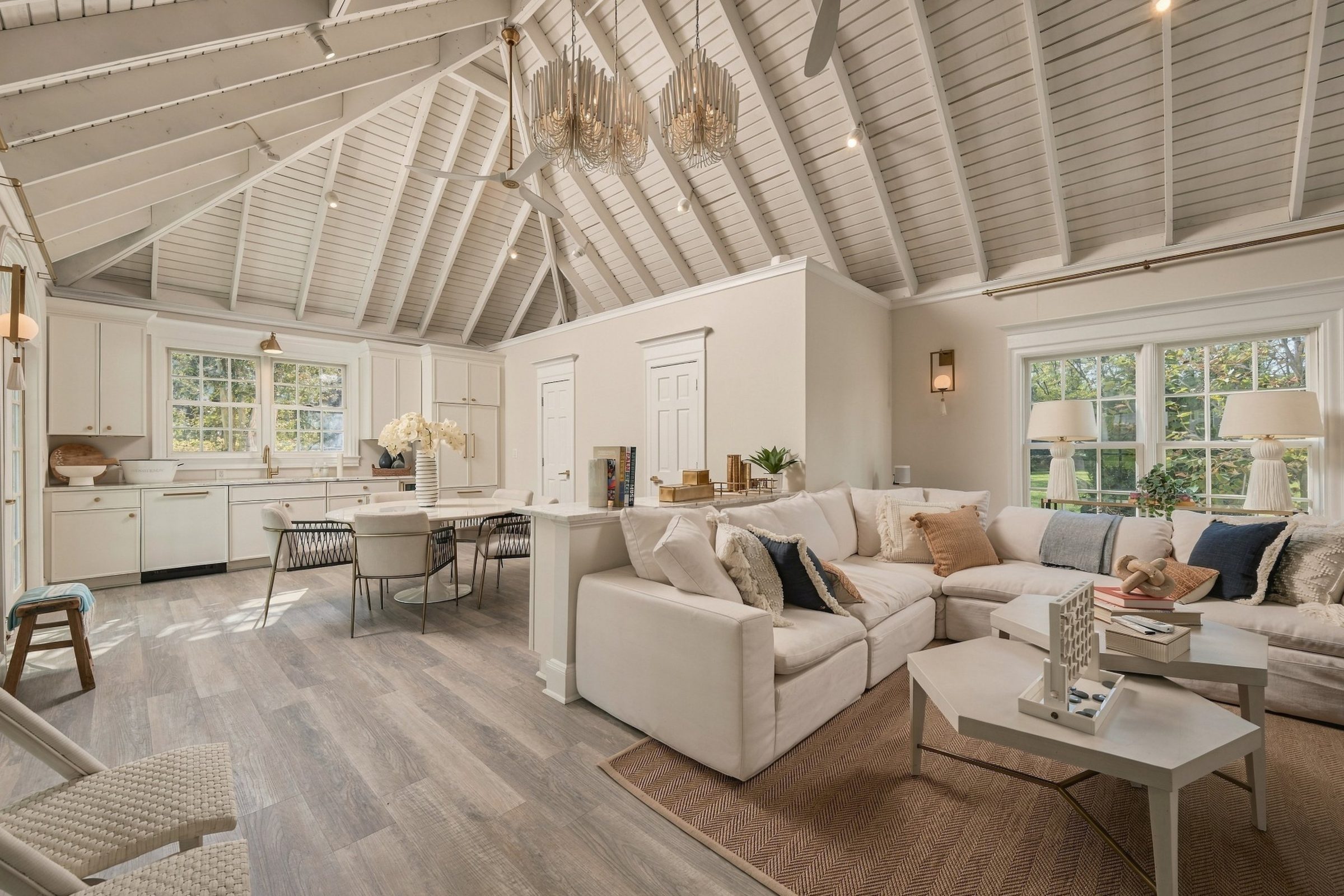 Pool house beneath its vaulted ceiling